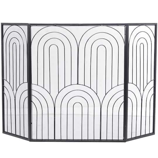 Black Metal Art Deco 3-Panel Fireplace Screen